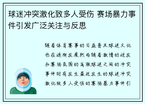 球迷冲突激化致多人受伤 赛场暴力事件引发广泛关注与反思