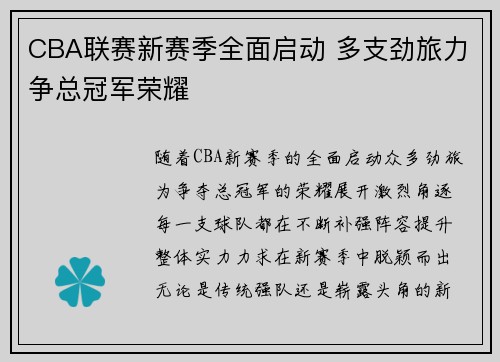 CBA联赛新赛季全面启动 多支劲旅力争总冠军荣耀