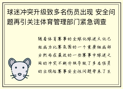 球迷冲突升级致多名伤员出现 安全问题再引关注体育管理部门紧急调查