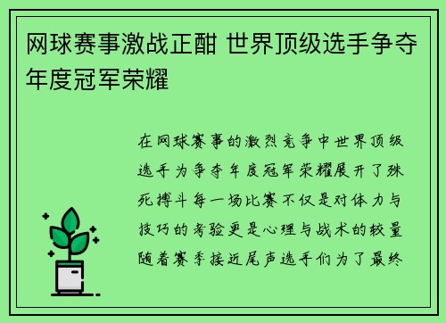 网球赛事激战正酣 世界顶级选手争夺年度冠军荣耀