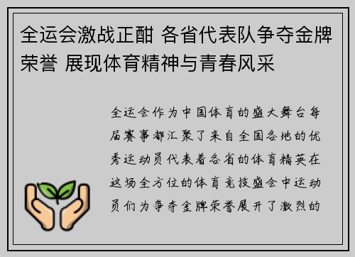 全运会激战正酣 各省代表队争夺金牌荣誉 展现体育精神与青春风采