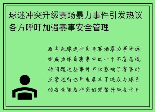 球迷冲突升级赛场暴力事件引发热议各方呼吁加强赛事安全管理