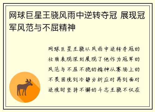 网球巨星王骁风雨中逆转夺冠 展现冠军风范与不屈精神