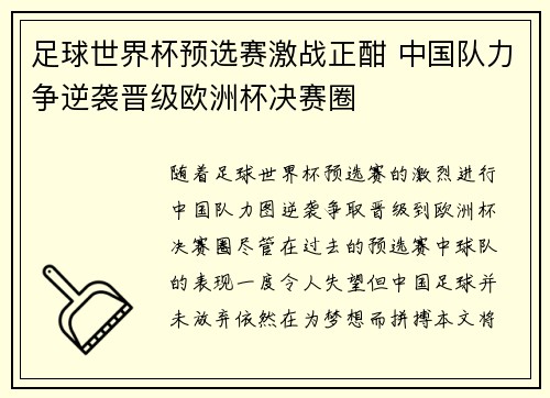 足球世界杯预选赛激战正酣 中国队力争逆袭晋级欧洲杯决赛圈